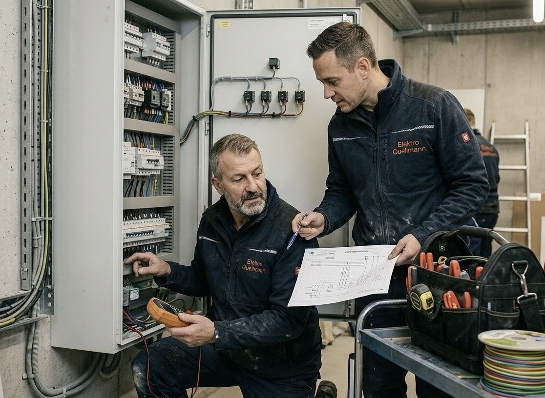 Thomas und Markus Quellmann bei der Fehlersuche am Sicherungskasten